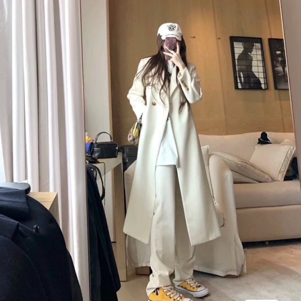Elegant Off-White Ivory Wool Twill Coat | A-Line Silhouette